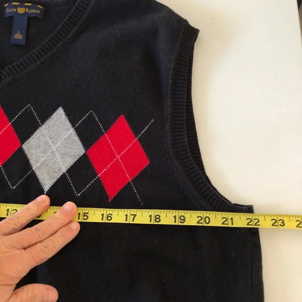 Club Room Men’s Argyle Sweater Vest L 100% Cotton Black Red Gray